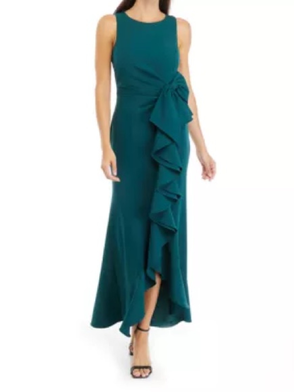 Eliza J Hunter Green Ruffled Side-Bow Evening Gown